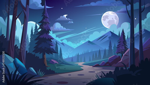 The path in the forest at night is illuminated by rays of moonlight. Cartoon vector background for fairy tale or game