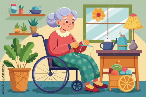 A grandmother with gray hair sits in a wheelchair and knits with needles. Vector cartoon illustration