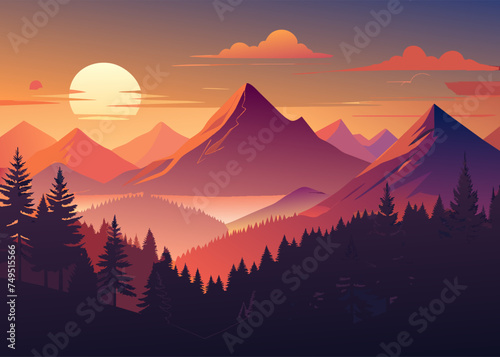 A pink sunset among the mountains. Cartoon vector background for fairy tale or game