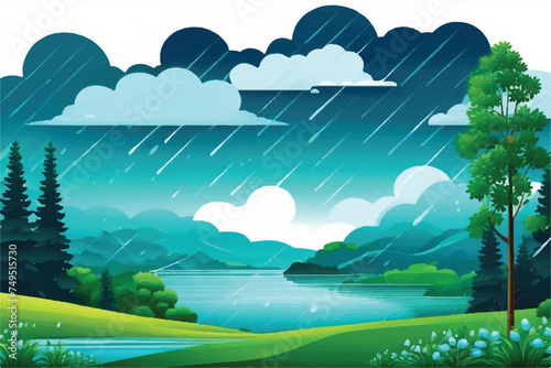 Raining in forest vector illustration background. Rainy Landscape. Tropical raining Background. Landscape in the rain. Vector illustration.  Rainy landscape. Summer rain illustration.