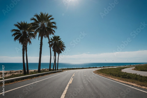 straight road on the beach with palm trees traveling in vacation