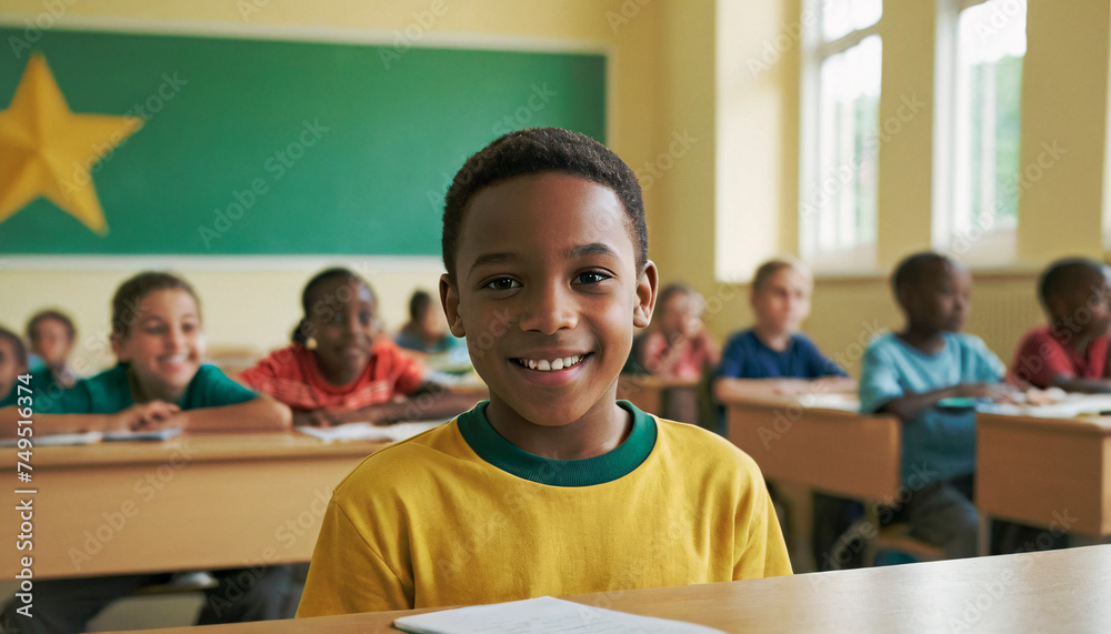 Fototapeta premium “A young schoolboy, full of enthusiasm, sits at his desk in a vibrant classroom. His smile radiates the joy of learning. The classroom, filled with light and fellow students.