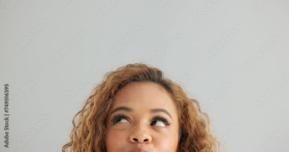 Woman, face and thinking with decision, choice or selection on a gray studio background. Closeup of female person, model or forehead in wonder or thought for choose, option or picking on mockup space