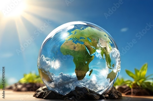 Earth transparent crystal glass globe with continents on daytime nature background with sunlight. Energy resources  save environment  save green planet  ecology  energy saving concept. World earth day