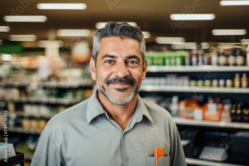 Portrait of a middle aged hispanic male cashier