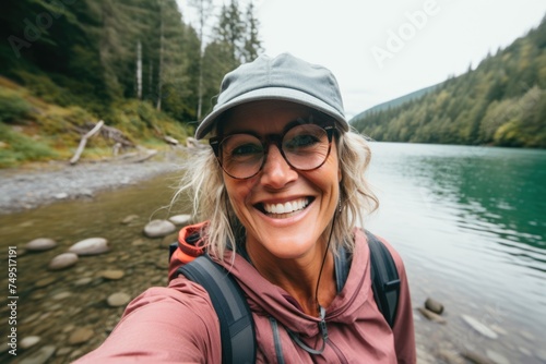 Smiling middle aged woman taking a selfie by the lake © Vorda Berge