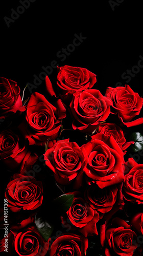 Bouquet of red roses on a black background  space for copy text. Beautiful flowers