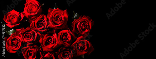 Bouquet of red roses on a black background  top view with copy space. Beautiful flowers