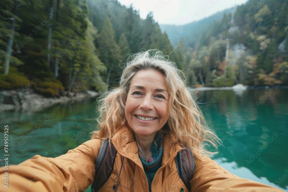 Smiling middle aged woman taking a selfie while swimming in the lake ...