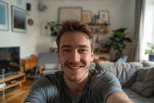 Smiling young man taking a selfie in the living room