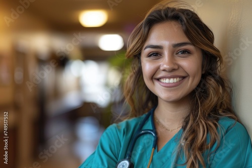 Young hispanic nurse in scrubs at a nursing home