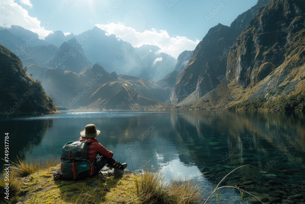 Traveler resting by a serene mountain lake, reflection in the water, surrounded by majestic peaks