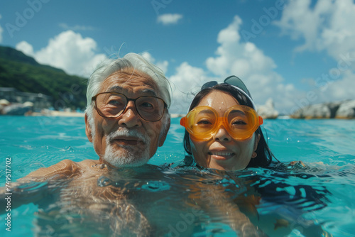 Asian old couple in love swim in tropical sea © sofiko14