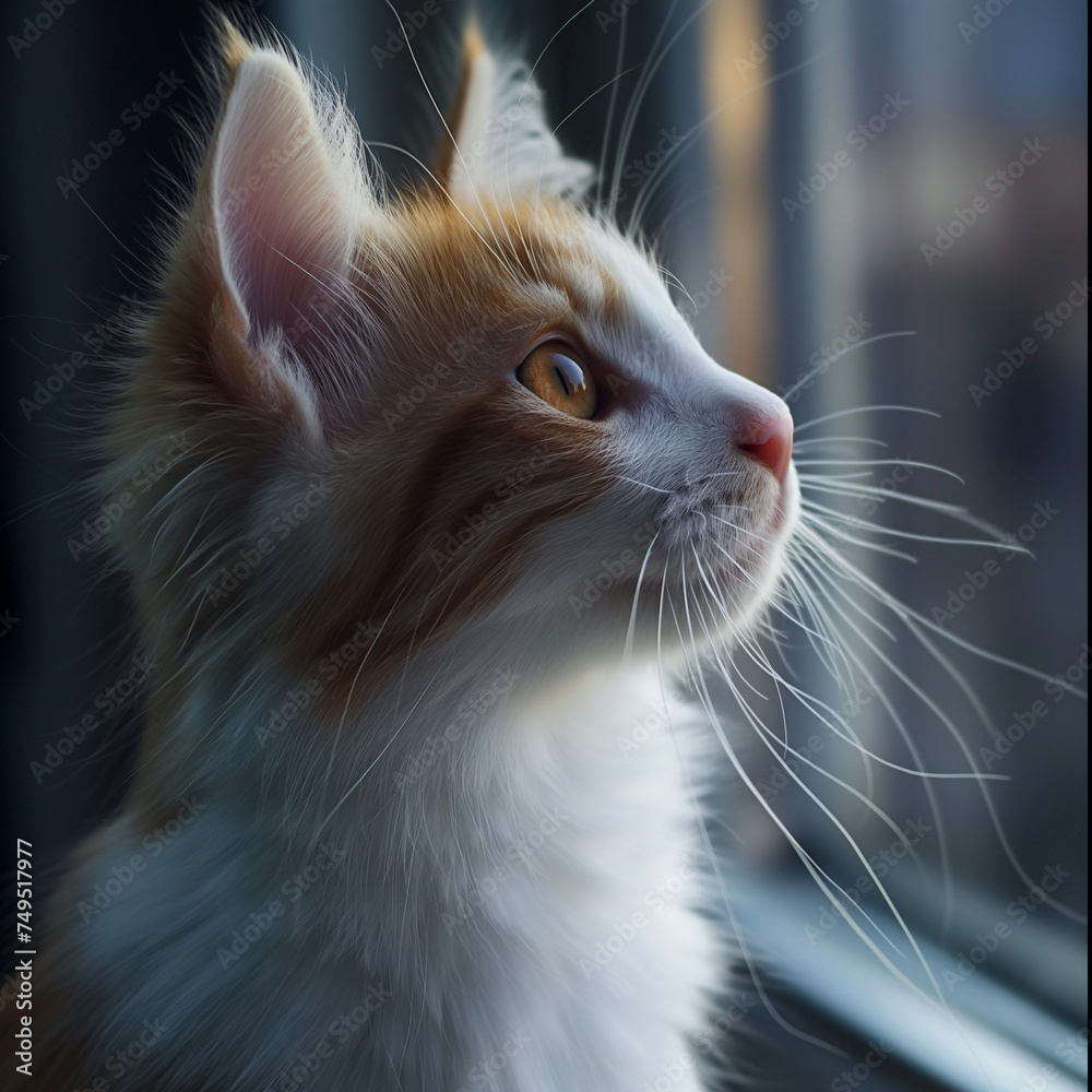 Beatiful cat in brown and white looking outside the window. Created by Generativ AI