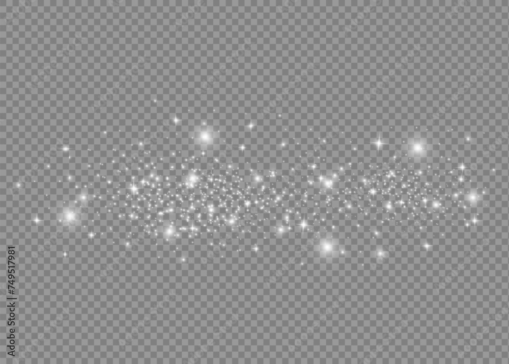 The dust sparks and white stars shine with special light. Vector sparkles on a transparent background. Christmas light effect.