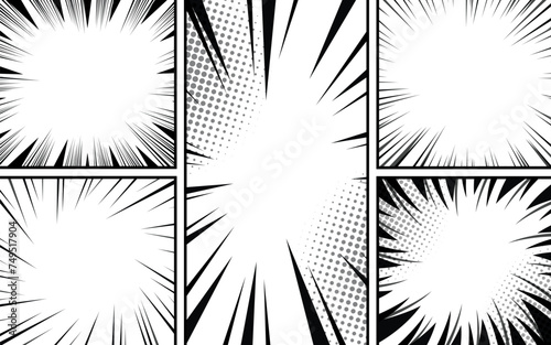 Comic book page background with radial effect. Black and white vector retro illustration