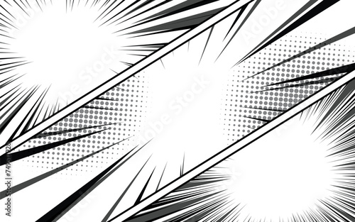 Comic book page background with radial effect. Black and white vector retro illustration