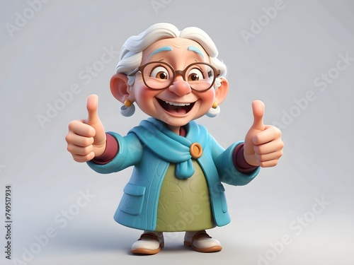 3d render illustration of funny old granny showing thumb up, Hawaii style, funny character isolated on white background