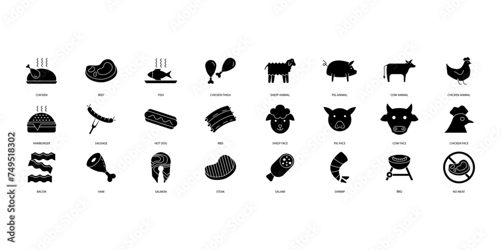 meat icons set. Set of editable stroke icons.Vector set of meat