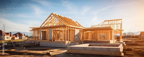 New house under construction with wooden framing in residential development area. Concept Home Construction, Residential Development, Wooden Framing, New House, Construction Industry photo