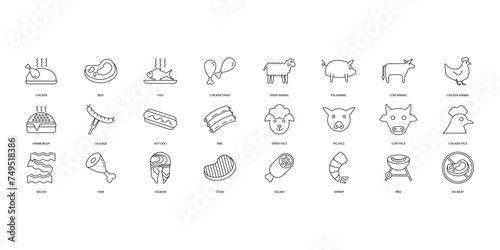 meat icons set. Set of editable stroke icons.Vector set of meat