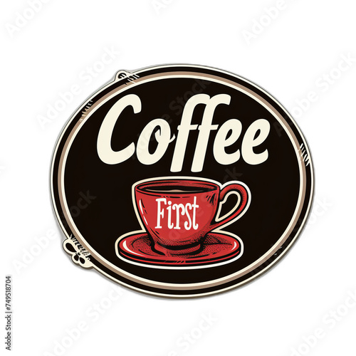 Wake up call in a sticker, featuring a hot beverage and the statement 'Coffee First'.