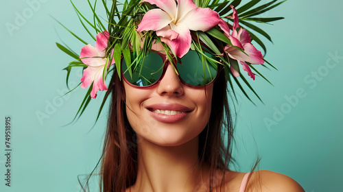Woman With Tropical Headpiece Smiling Against a Blue Background photo