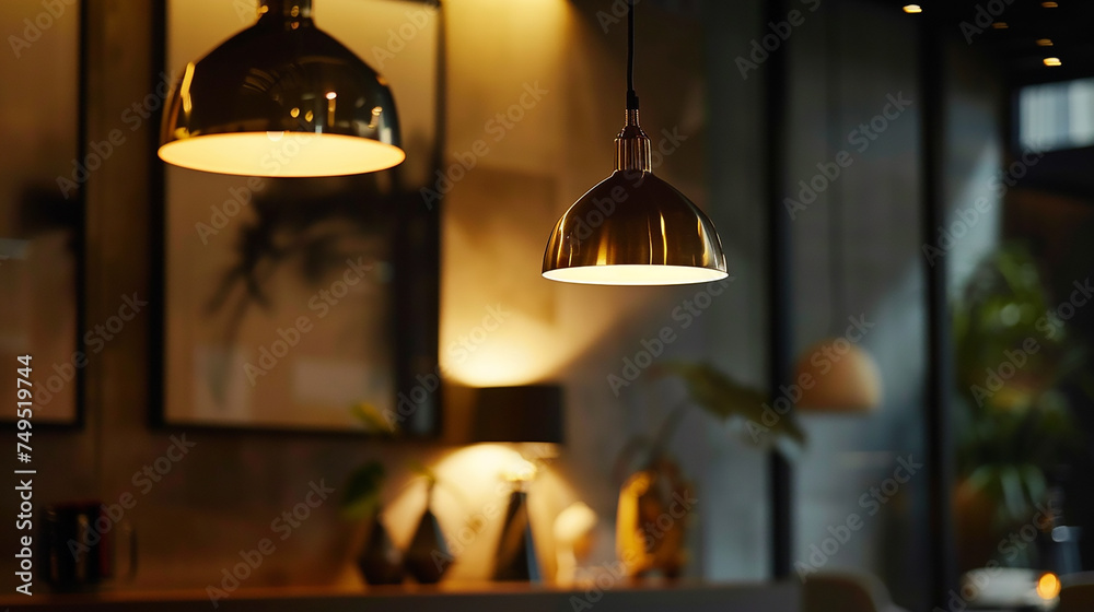 A stylish dining room lighting hanging from the ceiling, illuminating the table below.
