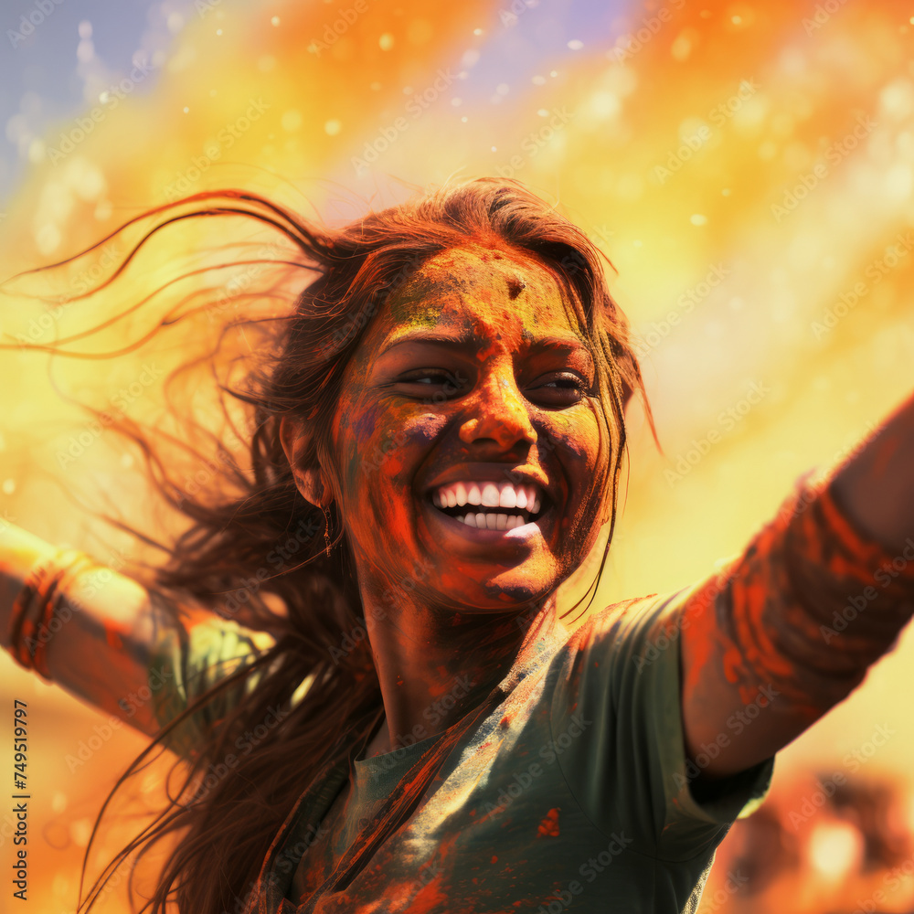 Portrait of happy young woman covered with colored powder celebrating Holi festival