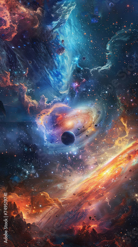 Abstract cosmic art with vibrant galaxies - An ethereal art piece capturing the swirling motion of galaxies with a play of warm and cool colors  creating a visually captivating image