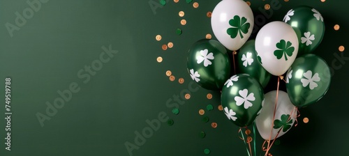 Stpatrick s day banner with irish balloons, clover, gold coins, and text space on green background.