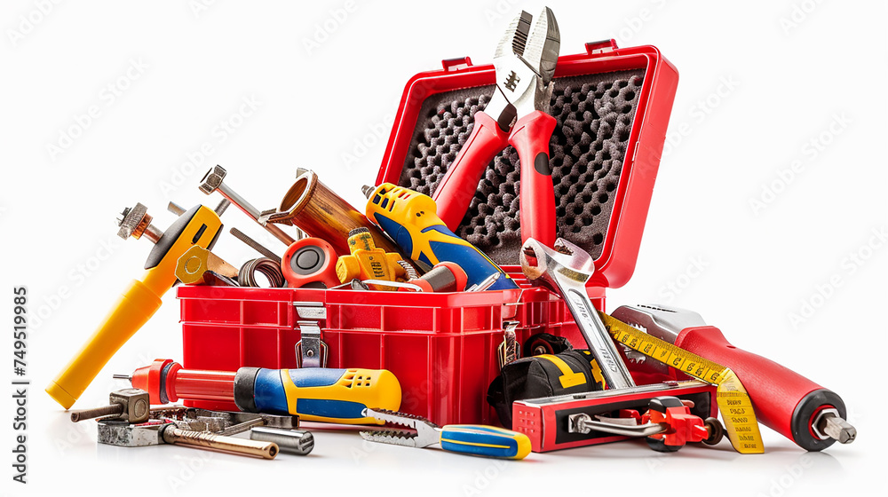 Fototapeta premium A toolbox with various tools spilling out, isolated on a white background.