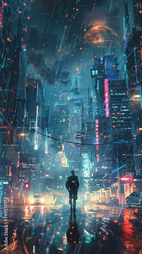 Cyberpunk cityscape in the rain with a lone figure - A cyberpunk-style depiction of a solitary figure observing a neon-lit cityscape amid rainfall