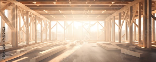 Sunlight filters through wooden building framework under construction highlighting carpentry. Concept Construction  Carpentry  Wooden Structure  Sunlight  Building Framework