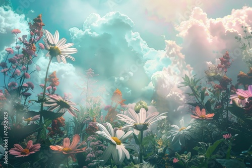 Ethereal cloudscape with pastel flowers - A dreamy garden scene with soft clouds and gentle light penetrating vibrant flowers, invoking a serene atmosphere