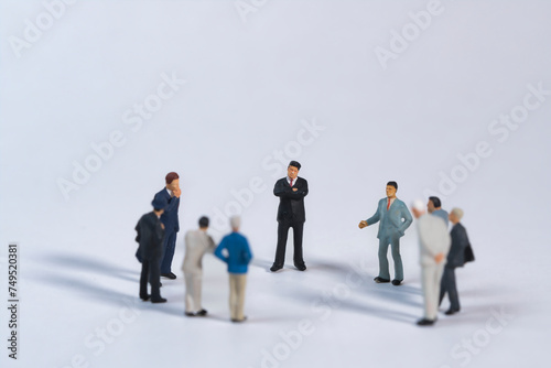 Group of people talking, white background, miniature figures scene