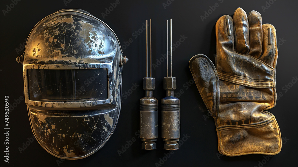 A welding mask, welding gloves, and welding electrodes on a black background.