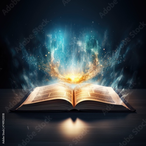 open book with mystic bright light on white background