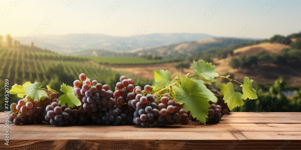 Empty wooden table for product demonstration and presentation on the background of a vineyard. Ripe grapes lie on the side of the table.The concept of harvest, winemaking. Mock up.Copy space. Banner - obrazy, fototapety, plakaty 