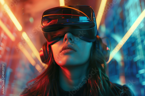 young girl wearing virtual reality glasses with colorful lights in the background © MediaRaw