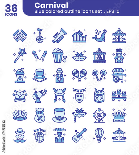 Carnival blue color outline icons set