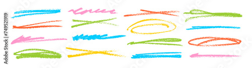 Hand drawn colored pencil lines and strikethrough set. Vector charcoal stripes, ovals and crossed rough lines. Horizontal straight strokes.