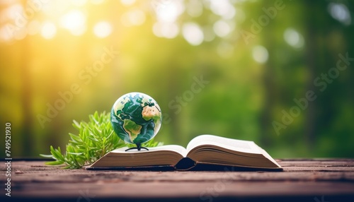 Planet over the open book on a wooden table in nature, green blurry background. World Environment Day. World Mental Health Day concept