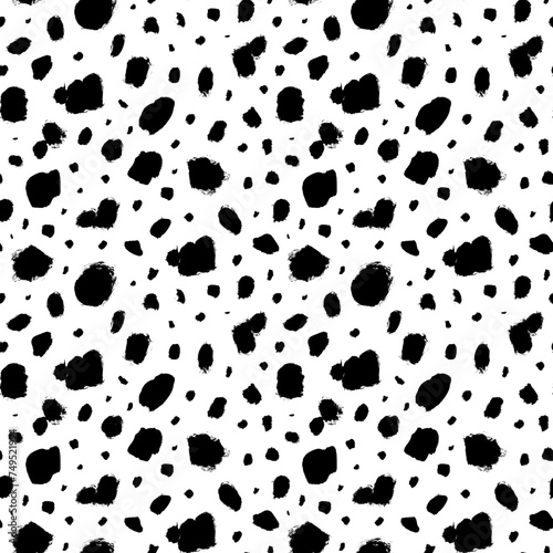 Dalmatian animal fur seamless pattern. Hand drawn grunge blots and spots. Various brush strokes.