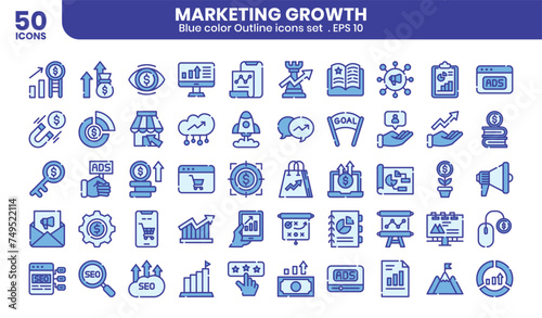 Marketing growth blue colored outline icons set