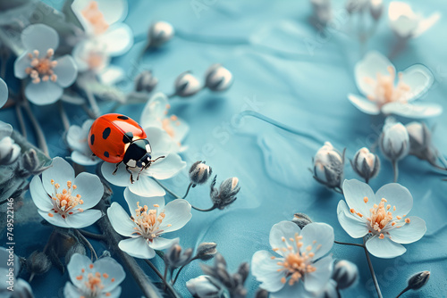 Ladybug on white flowers on blue background