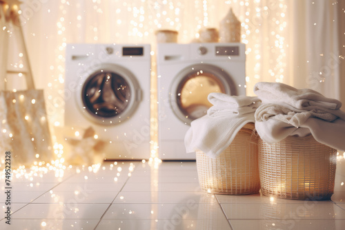 Laundry room with washing machine and towels. Laundry day concept