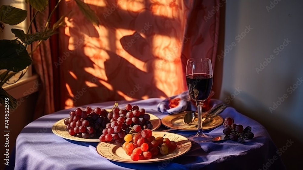 Still life with glass of red wine and grape on a table in the sunlight