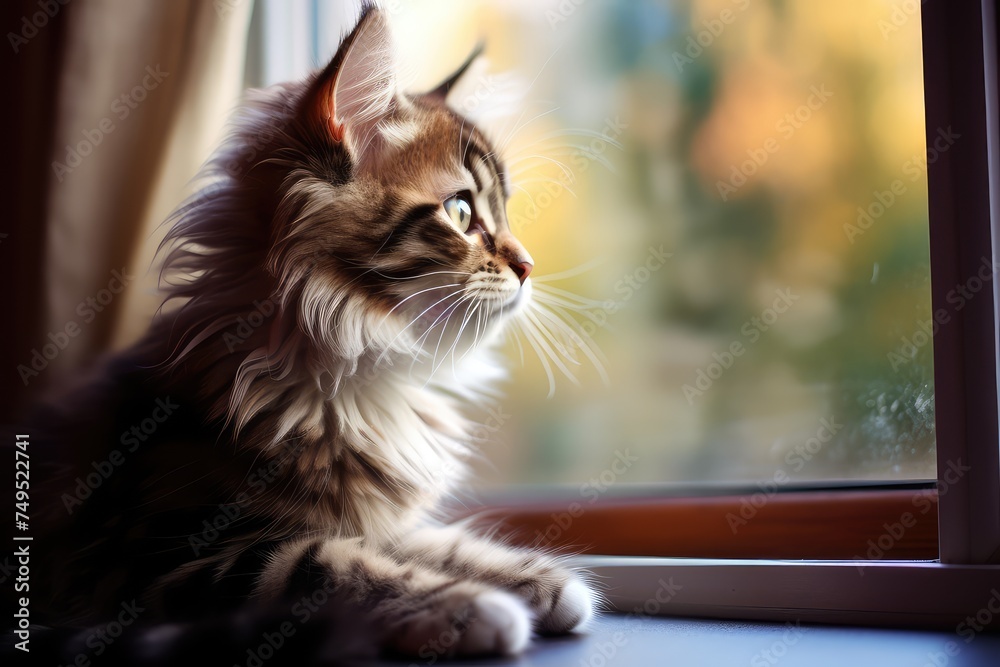 cute domestic kitten sits at window staring outside