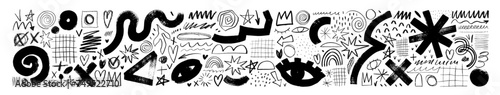Charcoal graffiti doodle punk and girly shapes collection. Brush drawn eyes and geometric shapes, charcoal and crayon doodle illustration.